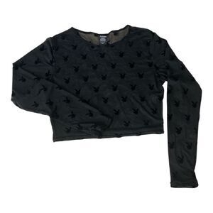 Play Boy Women Crop Top Size L/XL Black Lace Sheer Long-Sleeve Scoop-Neck Blouse
